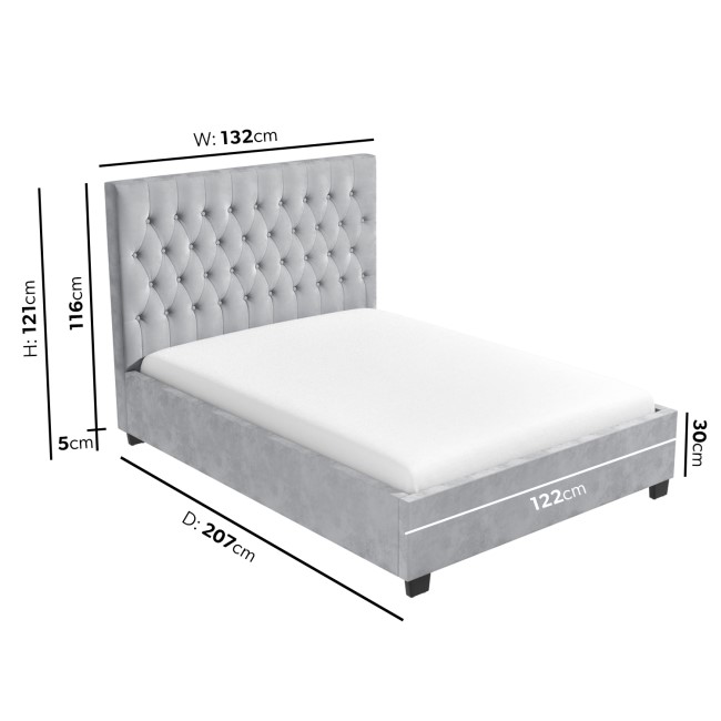 Grey Velvet Small Double Ottoman Bed with Chesterfield Headboard - Safina