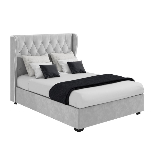 GRADE A1 - Safina Buttoned Wing Back Small Double Ottoman Bed in Grey Velvet