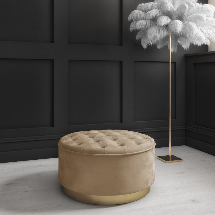 Safina Large Round Velvet Pouffe in Beige with Button Detail