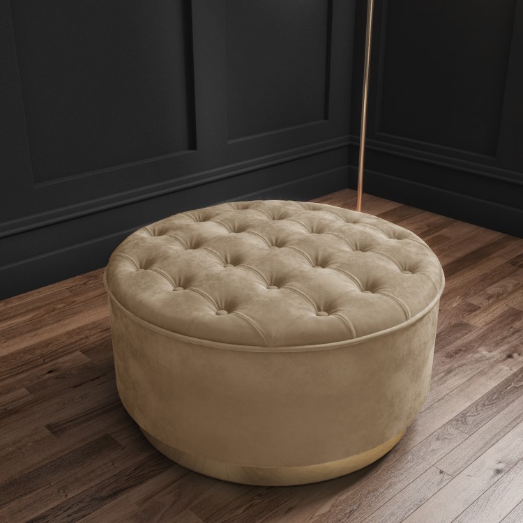 Safina Large Round Velvet Pouffe in Beige with Button Detail