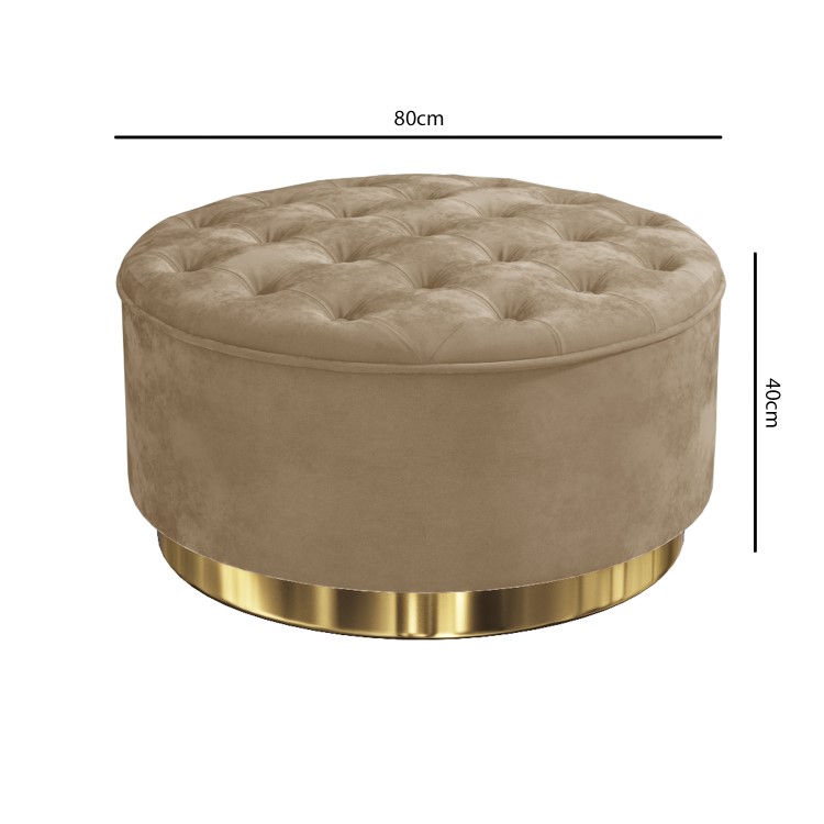 Safina Large Round Velvet Pouffe in Beige with Button Detail