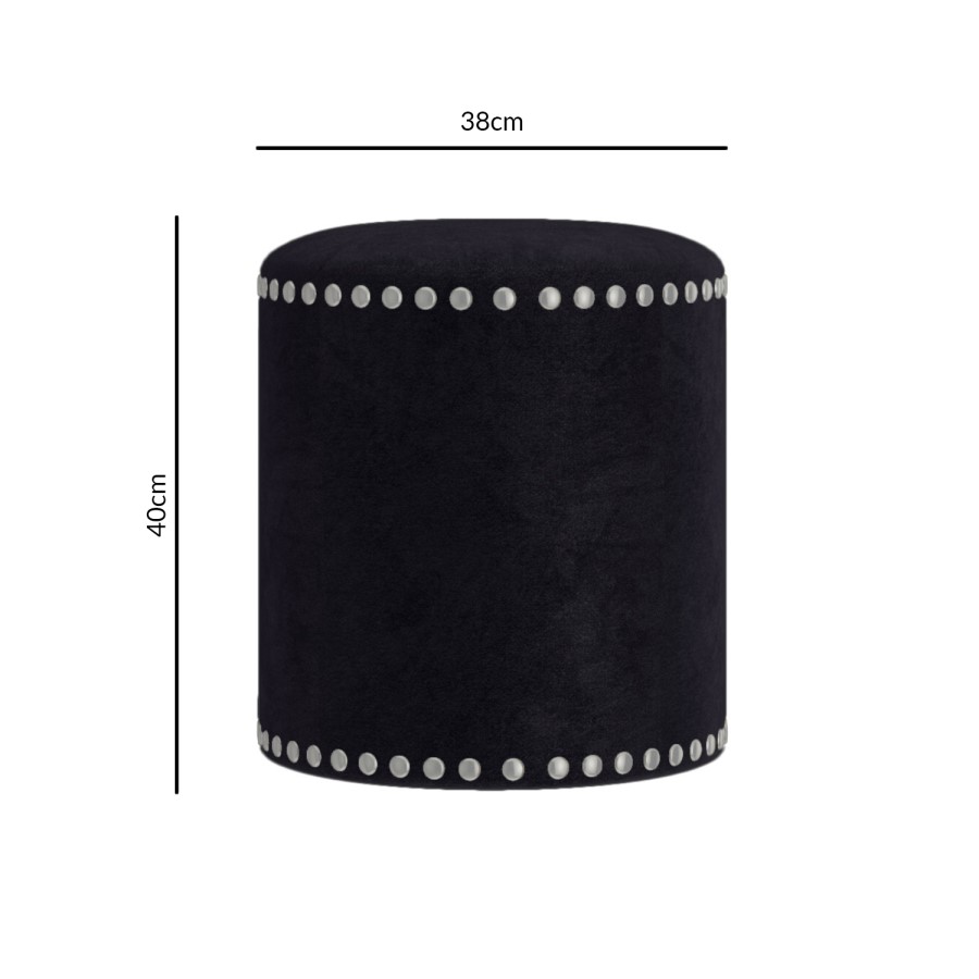 Safina Small Round Studded Stool in Black Velvet
