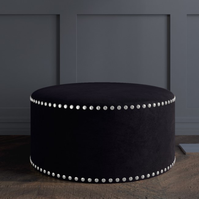 GRADE A1 - Safina Large Round Studded Pouffe in Black Velvet