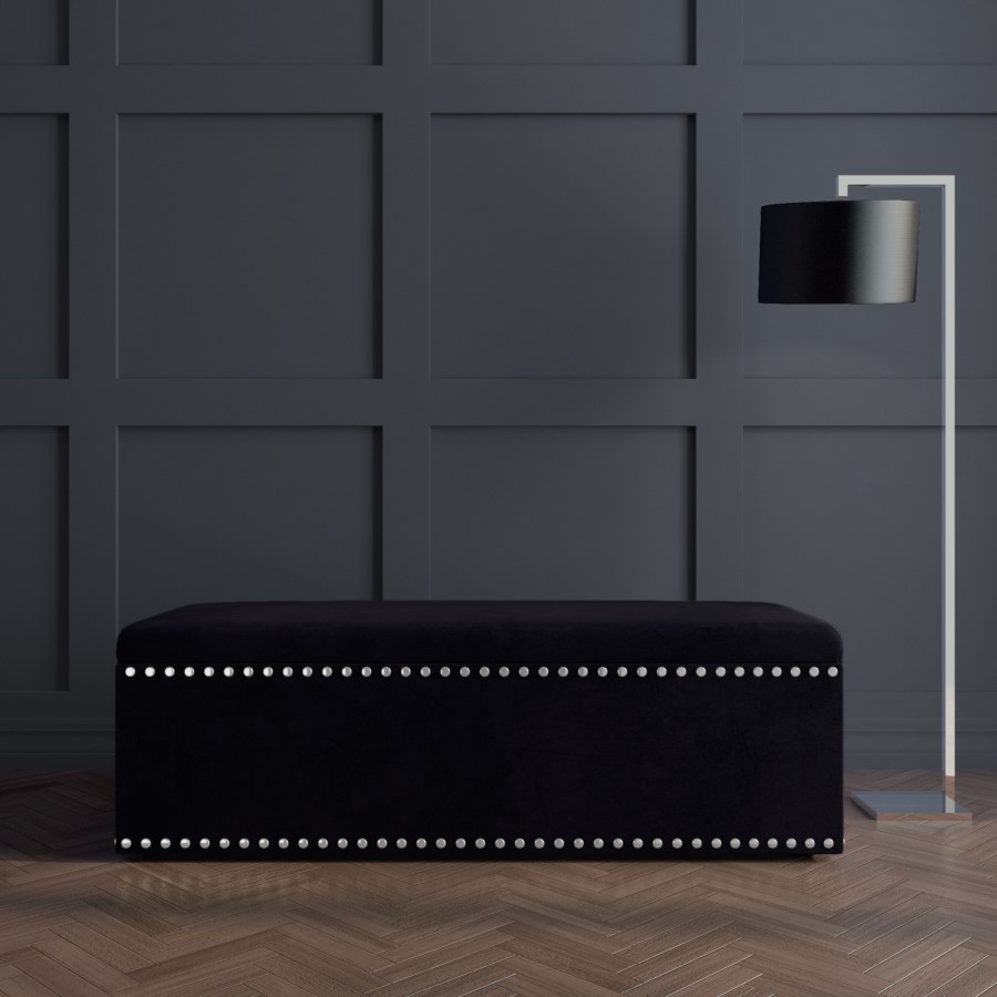 Black Velvet Ottoman Blanket Box with Stud Detail - Safina