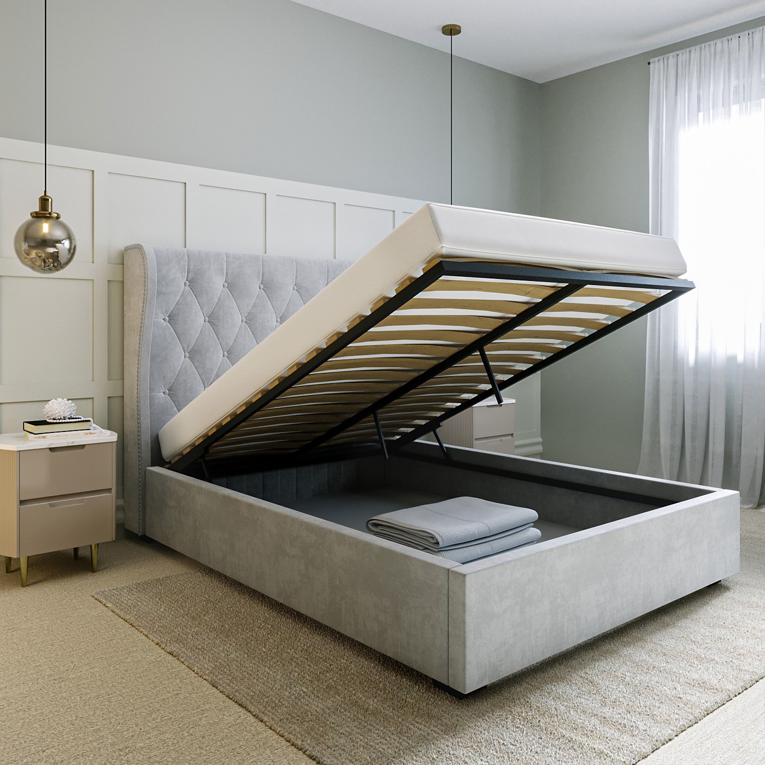 Grey Velvet Super King Ottoman Bed With Winged Studded Headboard grey-velvet-super-king-ottoman-bed-with-winged-studded-headboard