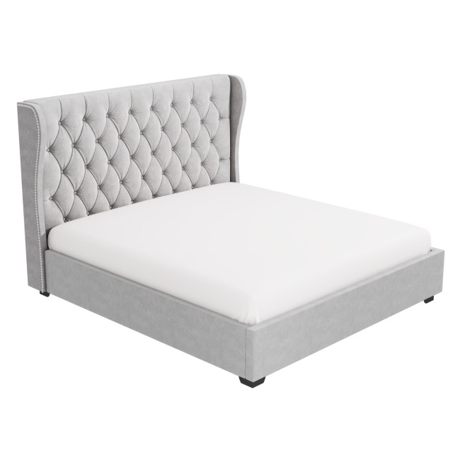 Grey Velvet Super King Ottoman Bed with Winged Studded Headboard - Safina