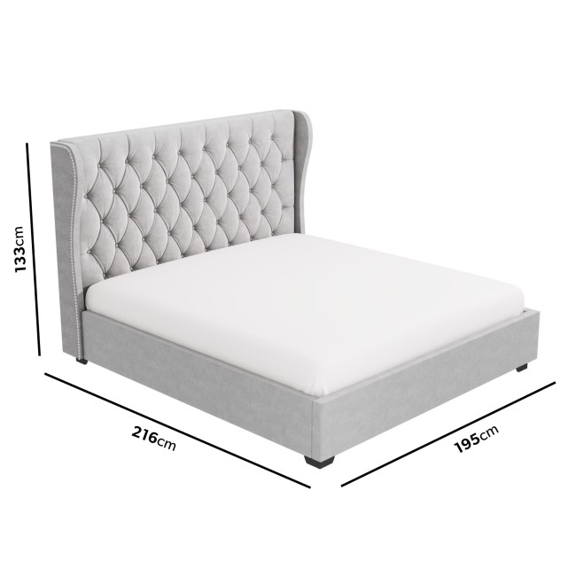 Grey Velvet Super King Ottoman Bed with Winged Studded Headboard - Safina