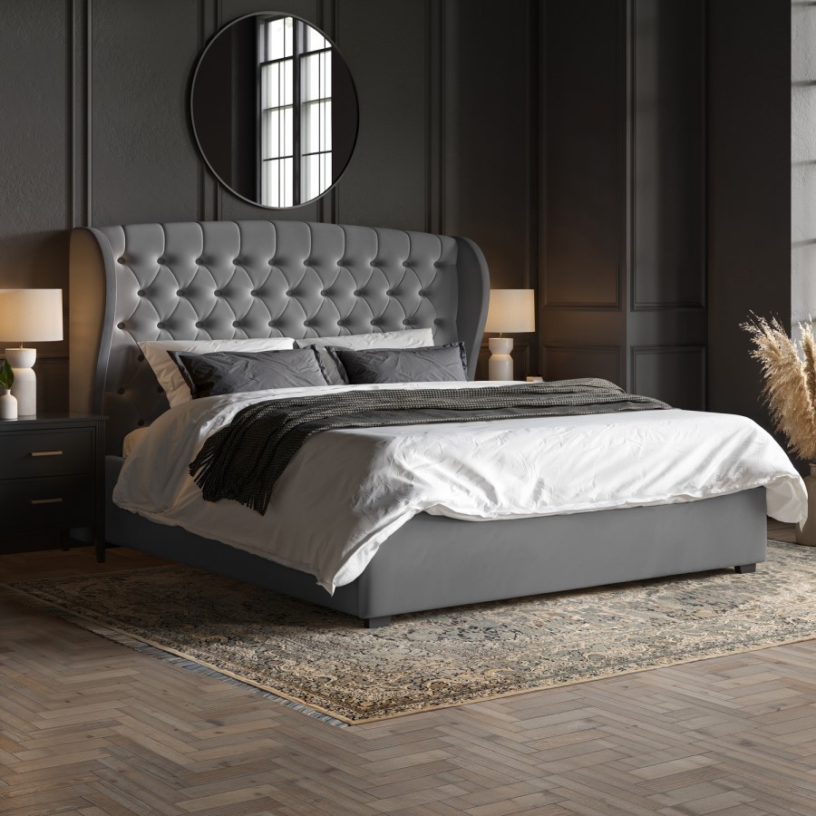 Grey Velvet Super King Ottoman Bed with Winged Chesterfield Headboard - Safina