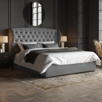 Grey Velvet Super King Ottoman Bed with Winged Chesterfield Headboard - Safina