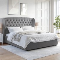 Grey Velvet Super King Ottoman Bed with Winged Chesterfield Headboard - Safina Grey Velvet Super King Ottoman Bed with Winged Chesterfield Headboard - Safina