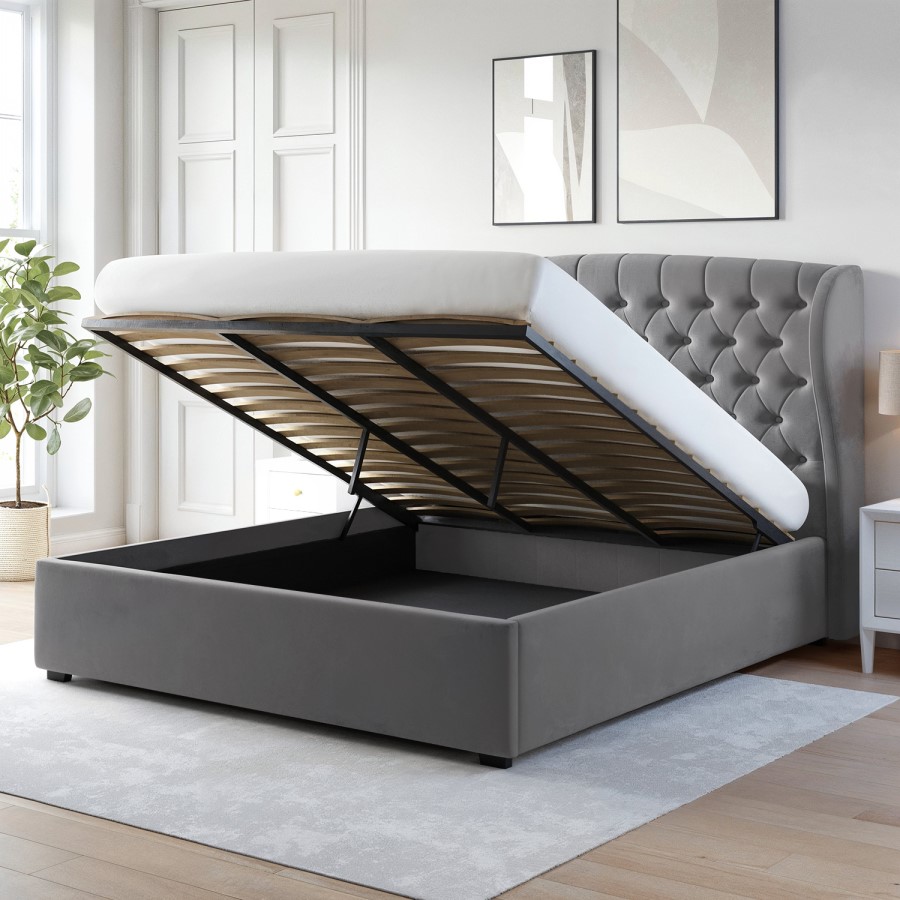 Grey Velvet Super King Ottoman Bed with Winged Chesterfield Headboard - Safina