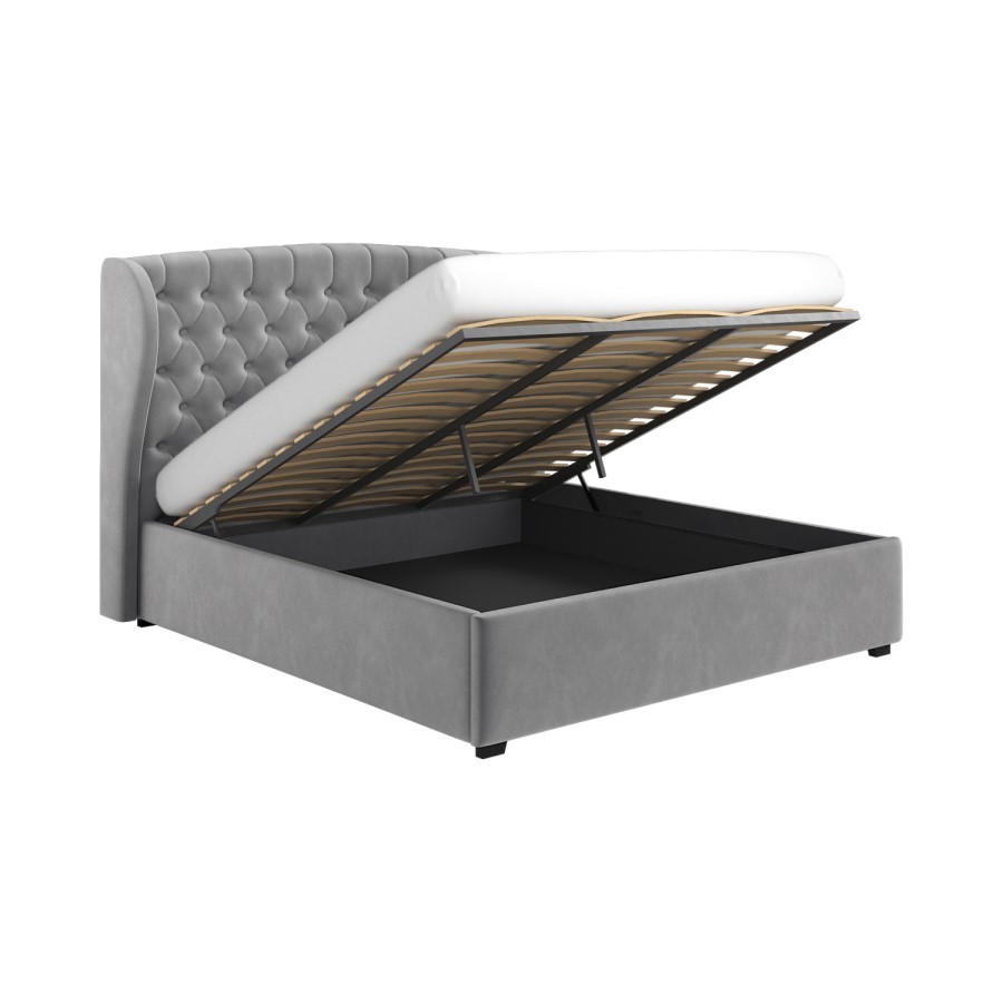 Grey Velvet Super King Ottoman Bed with Winged Chesterfield Headboard - Safina