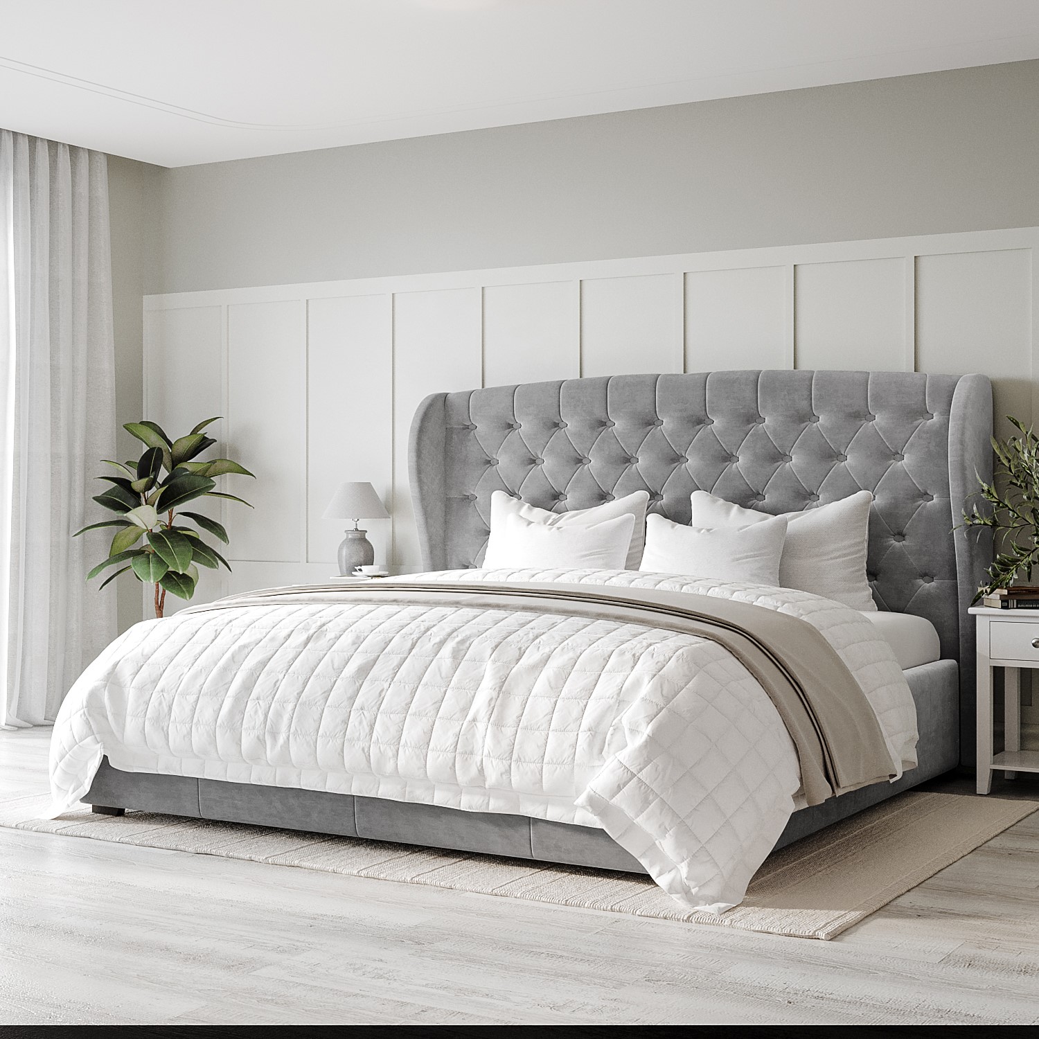 Safina Dark Grey Velvet Super King Ottoman Bed with Winged Headboard