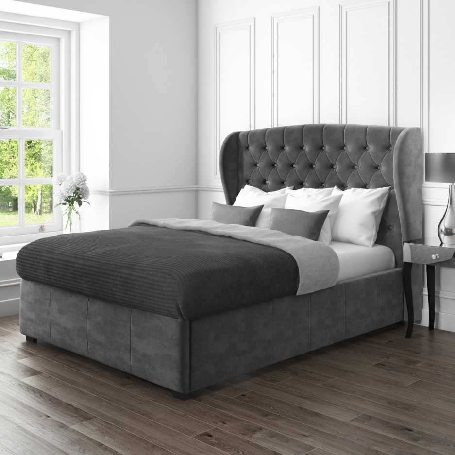 Safina King Size Wing Back Ottoman Bed In Grey Velvet Furniture123