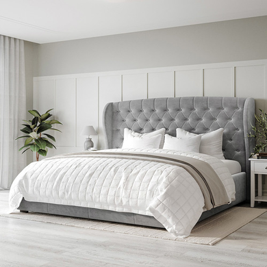 Grey Velvet Super King Ottoman Bed with Winged Headboard Safina