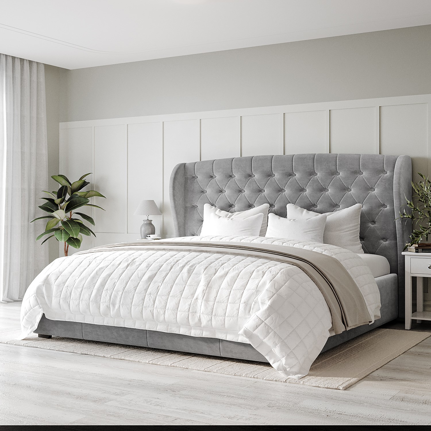 Photo of Grey velvet super king ottoman bed with winged headboard - safina