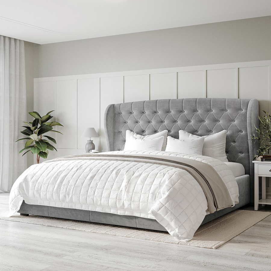 ONLY OPENED - Safina Super King Size Wing Back Ottoman Bed in Grey Velvet