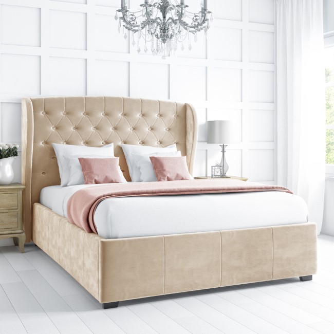 GRADE A1 Safina Buttoned Wing Back Double Ottoman Bed in Beige Velvet