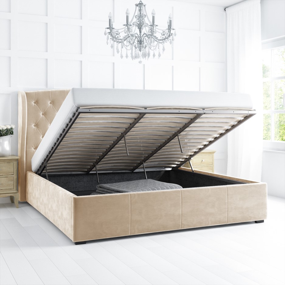 Safina Buttoned Wing Back Super King Size Ottoman Bed in Beige Velvet