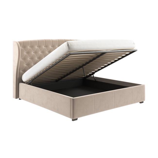 Beige Velvet Super King Ottoman Bed with Winged Headboard - Safina