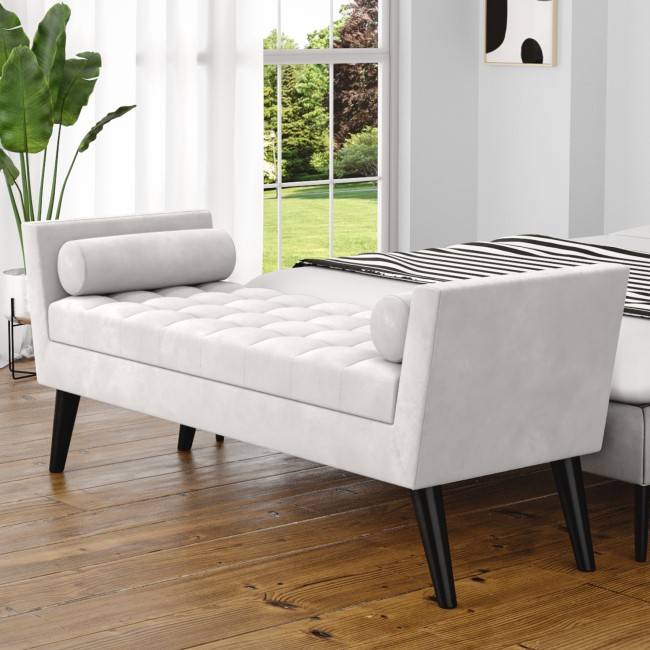 Light Grey Velvet End-of-Bed Bench with Bolster Cushions - Safina