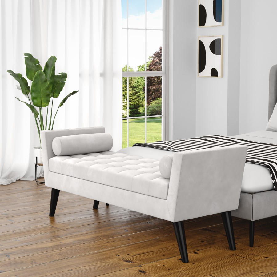 GRADE A1 - Light Grey Velvet End-of-Bed Bench with Bolster Cushions - Safina