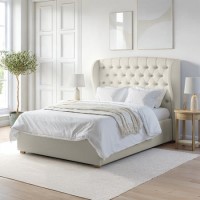 ONLY OPENED - Cream Upholstered Double Ottoman Bed with Winged Headboard - Safina