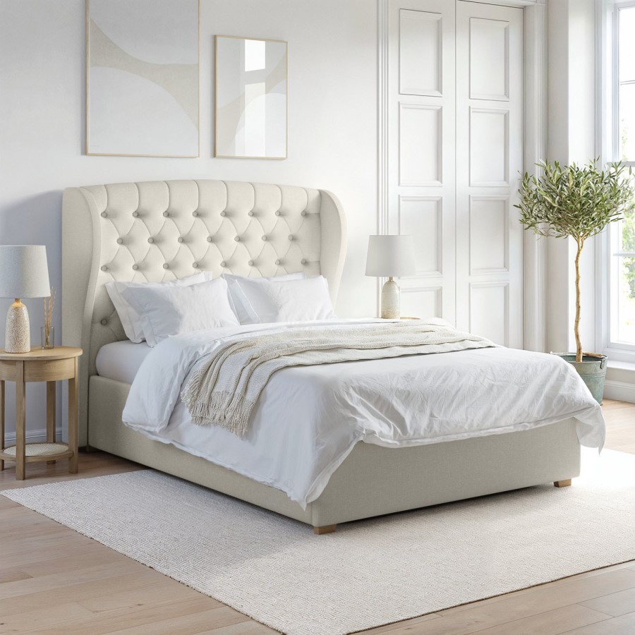 Cream Double Ottoman Bed with Winged Chesterfield Headboard - Safina