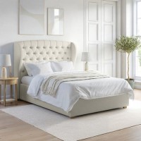 Cream Double Ottoman Bed with Winged Chesterfield Headboard - Safina Cream Double Ottoman Bed with Winged Chesterfield Headboard - Safina