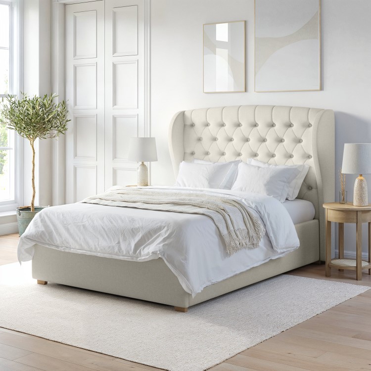 Cream Upholstered Double Ottoman Bed with Winged Headboard - Safina