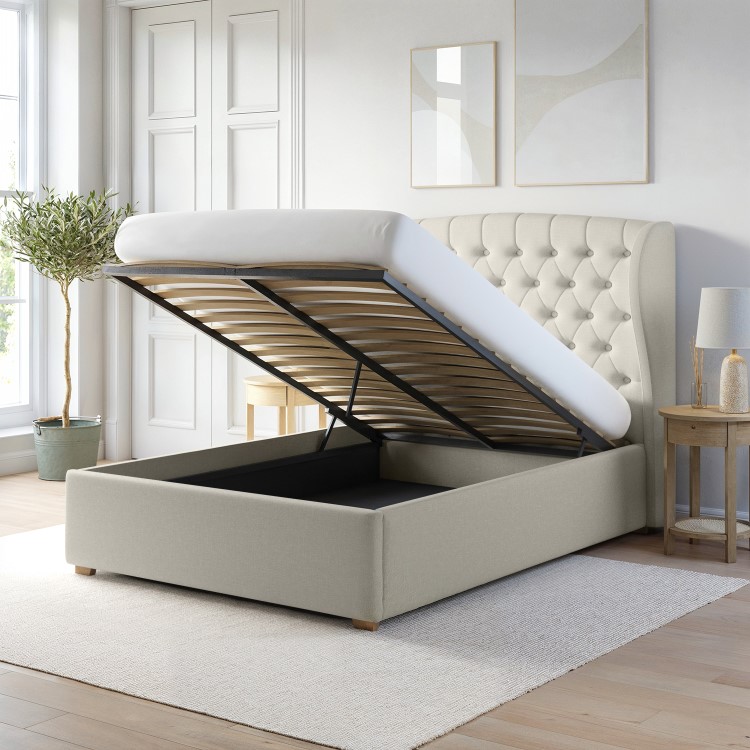 Cream Upholstered Double Ottoman Bed with Winged Headboard - Safina