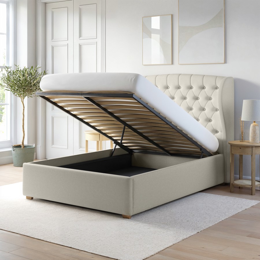 Cream Double Ottoman Bed with Winged Chesterfield Headboard - Safina
