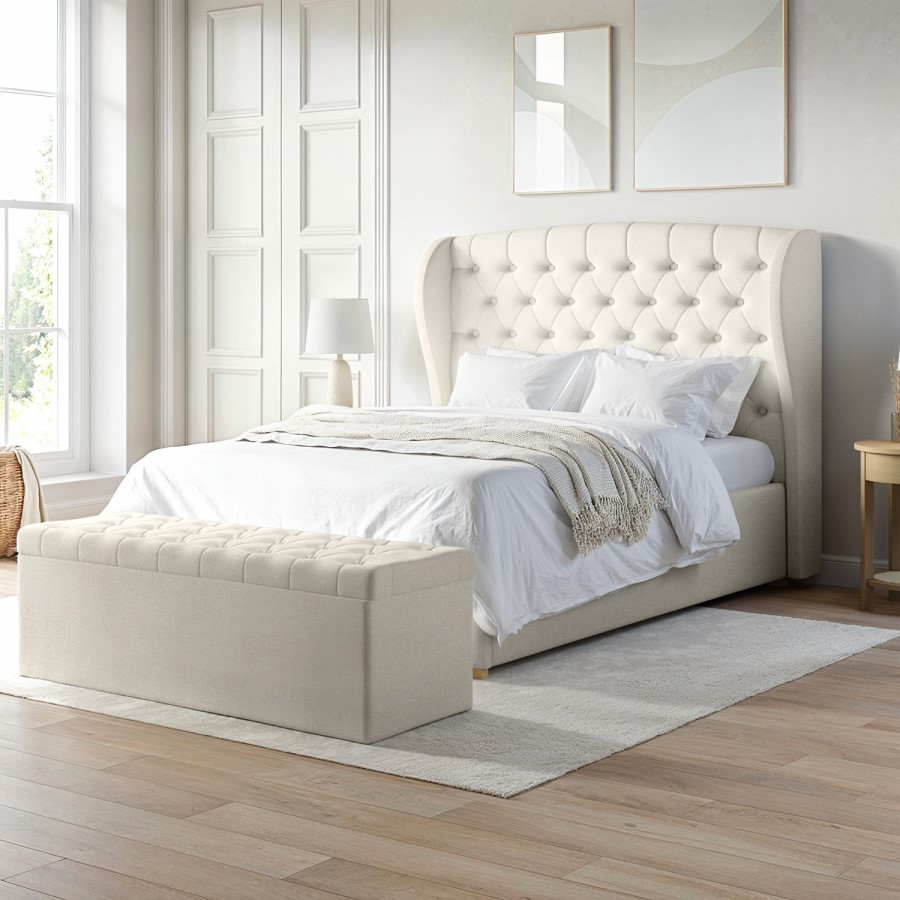Cream Double Ottoman Bed with Winged Chesterfield Headboard - Safina