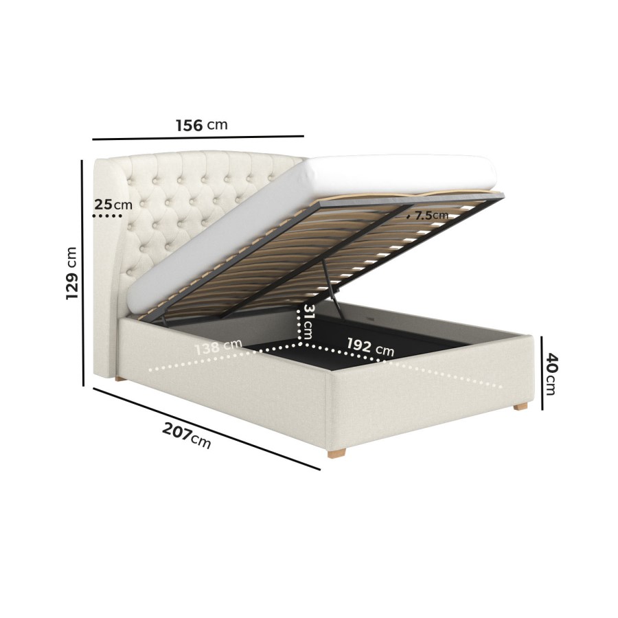 Cream Double Ottoman Bed with Winged Chesterfield Headboard - Safina