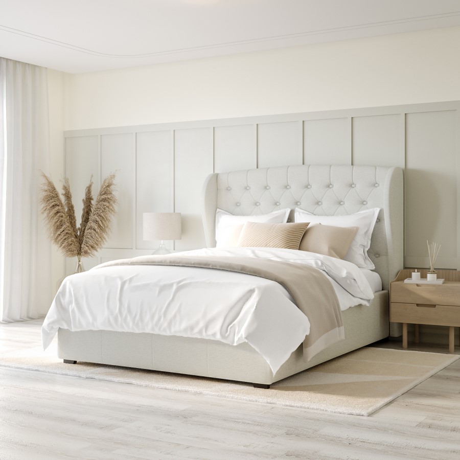 GRADE A2 - Cream Fabric King Size Ottoman Bed with Winged Headboard - Safina