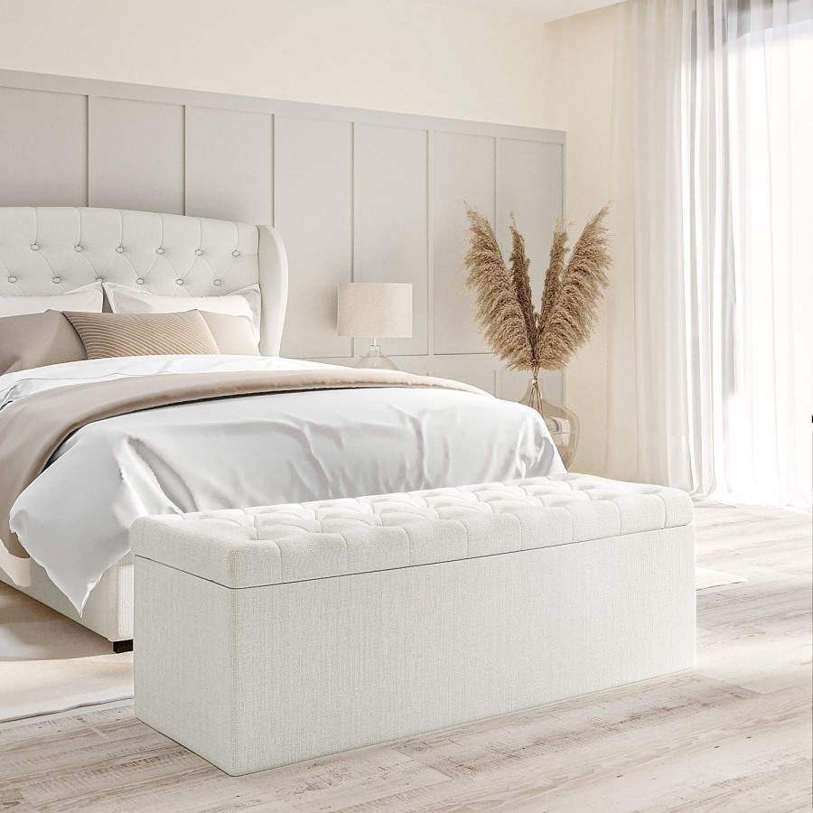 GRADE A2 - Cream Fabric King Size Ottoman Bed with Winged Headboard - Safina