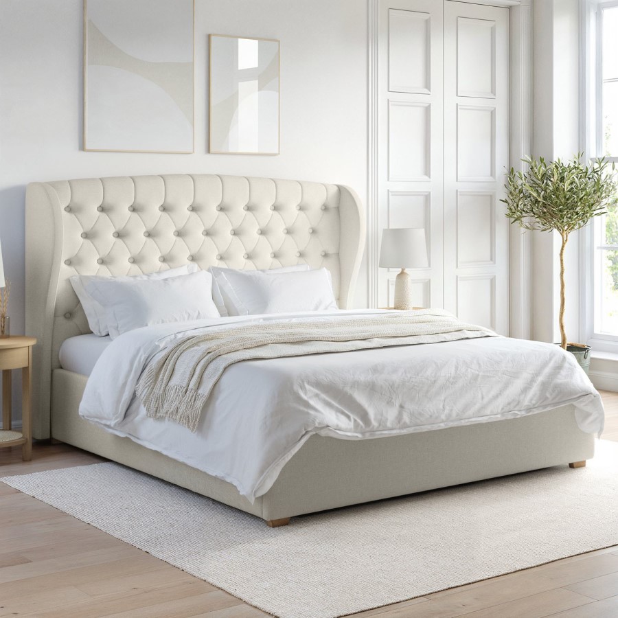 Cream Fabric Super King Ottoman Bed with Winged Headboard - Safina