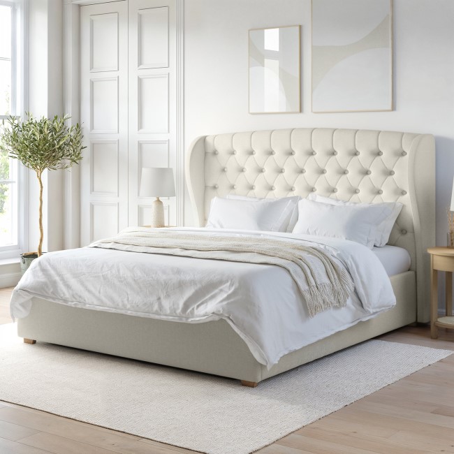 ONLY OPENED - Cream Fabric Super King Ottoman Bed with Winged Headboard - Safina