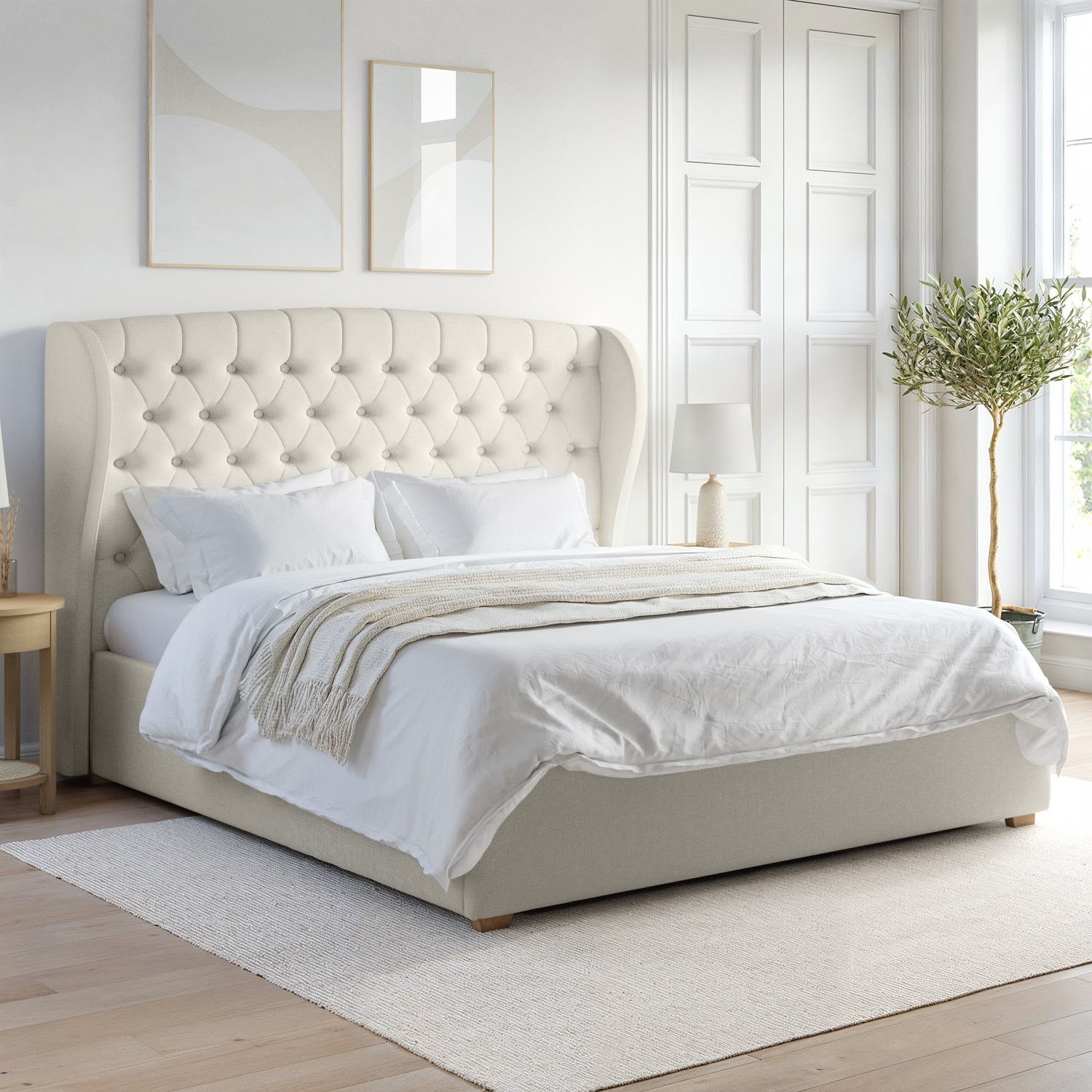 Fabric Super King Ottoman Bed Winged Chesterfield Headboard
