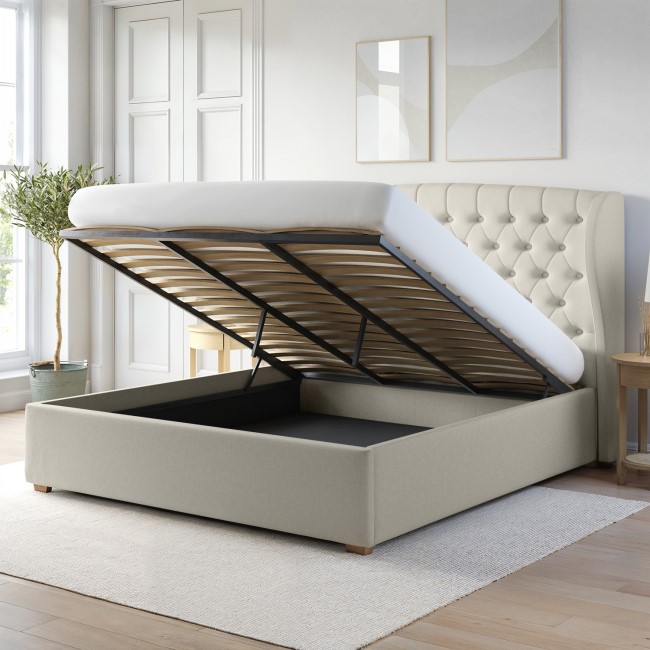 ONLY OPENED - Cream Fabric Super King Ottoman Bed with Winged Headboard - Safina