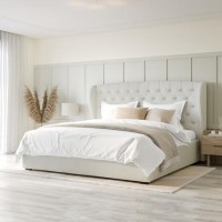 GRADE A2 - Cream Fabric Super King Ottoman Bed with Winged Headboard - Safina