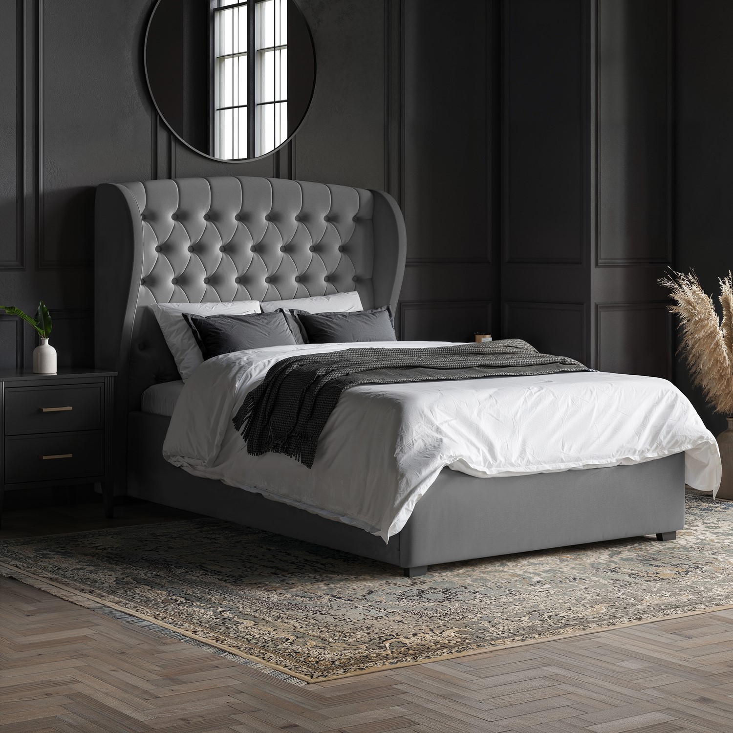 Velvet Small Double Ottoman Bed Winged Chesterfield Headboard