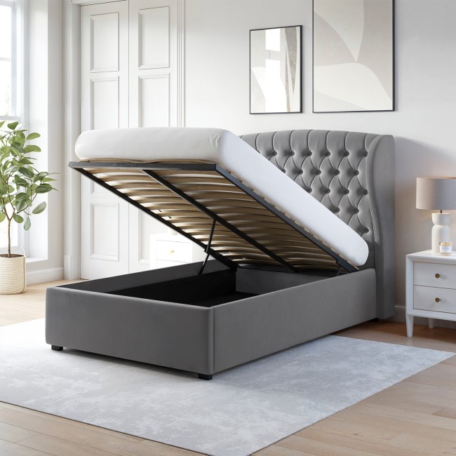 Grey Velvet Small Double Ottoman Bed with Winged Headboard - Safina