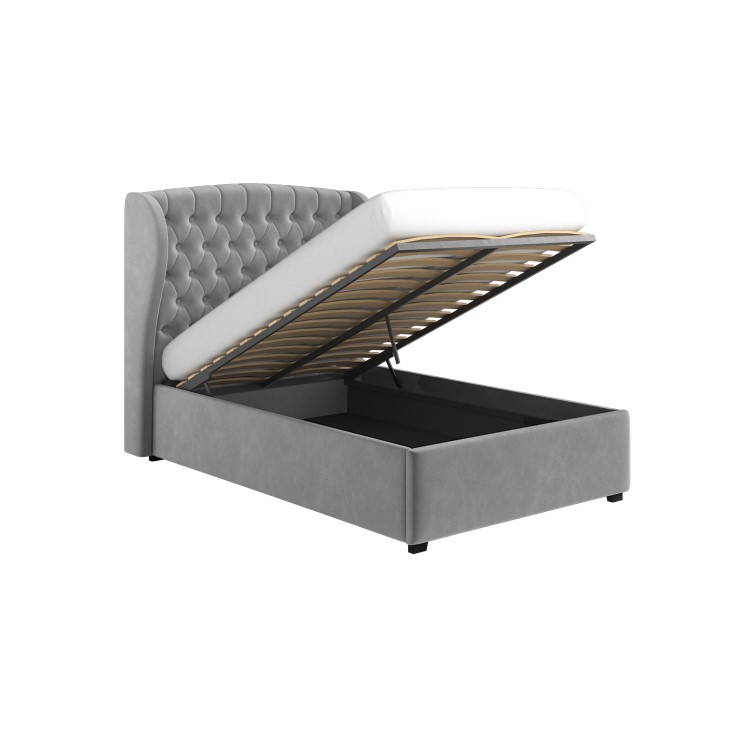 Grey Velvet Small Double Ottoman Bed with Winged Headboard - Safina