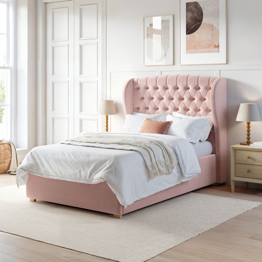 ONLY OPENED - Pink Velvet Small Double Ottoman Bed with Winged Headboard - Safina