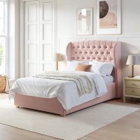 ONLY OPENED - Pink Velvet Small Double Ottoman Bed with Winged Headboard - Safina