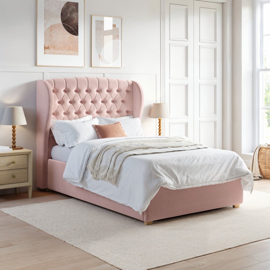 Pink Velvet Small Double Ottoman Bed with Winged Headboard - Safina