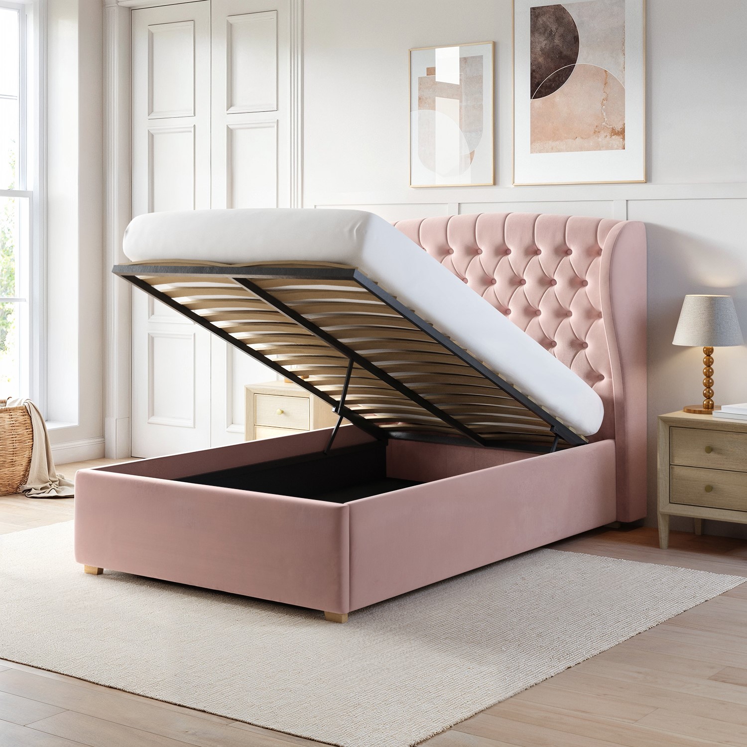 Pink Velvet Small Double Ottoman Bed with Winged Chesterfield Headboard ...