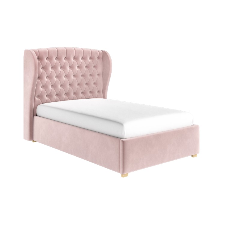 Pink Velvet Small Double Ottoman Bed with Winged Headboard - Safina