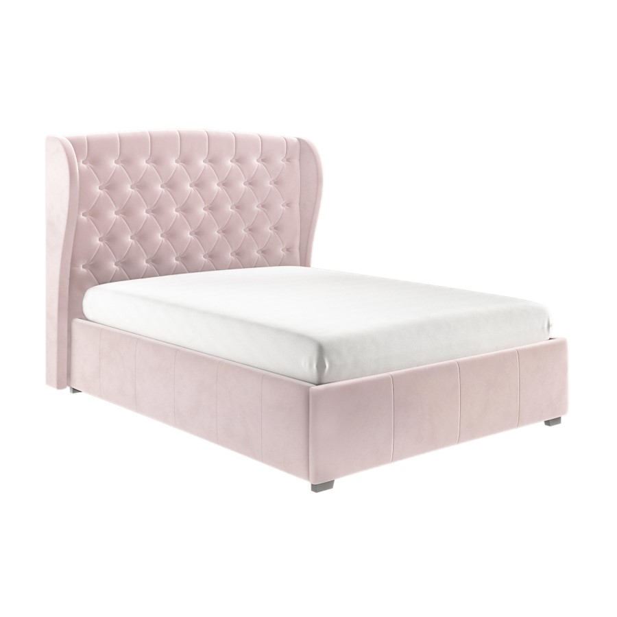 GRADE A2 - Pink Velvet Small Double Ottoman Bed with Winged Headboard - Safina